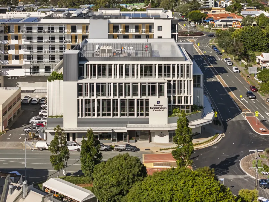 Aerial photo of Cleveland Health on its corner, with Middle Street curving past and Cleveland's town centre around it